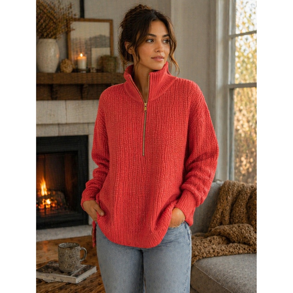 Vince Camuto Crossfire Chunky Knit Quarter Zip Sweater Womens L Red NWT